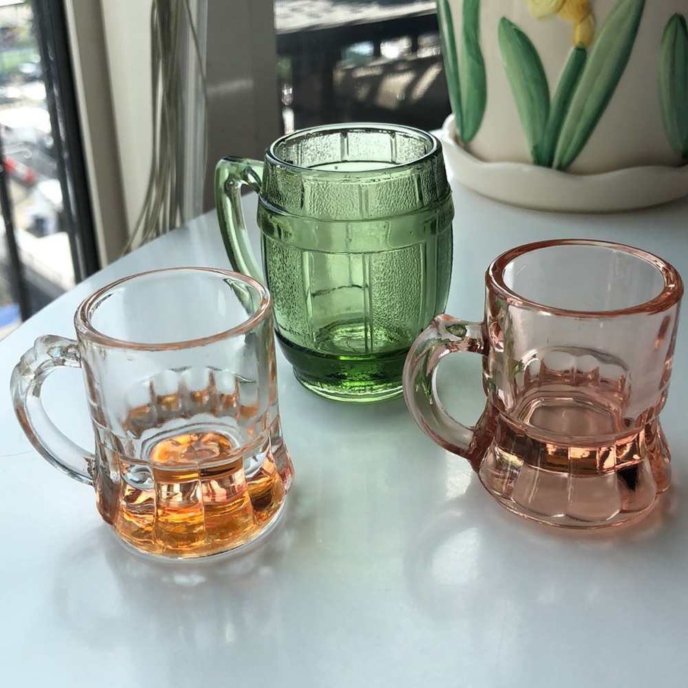Lot of 3 vintage shot glasses green pink orange